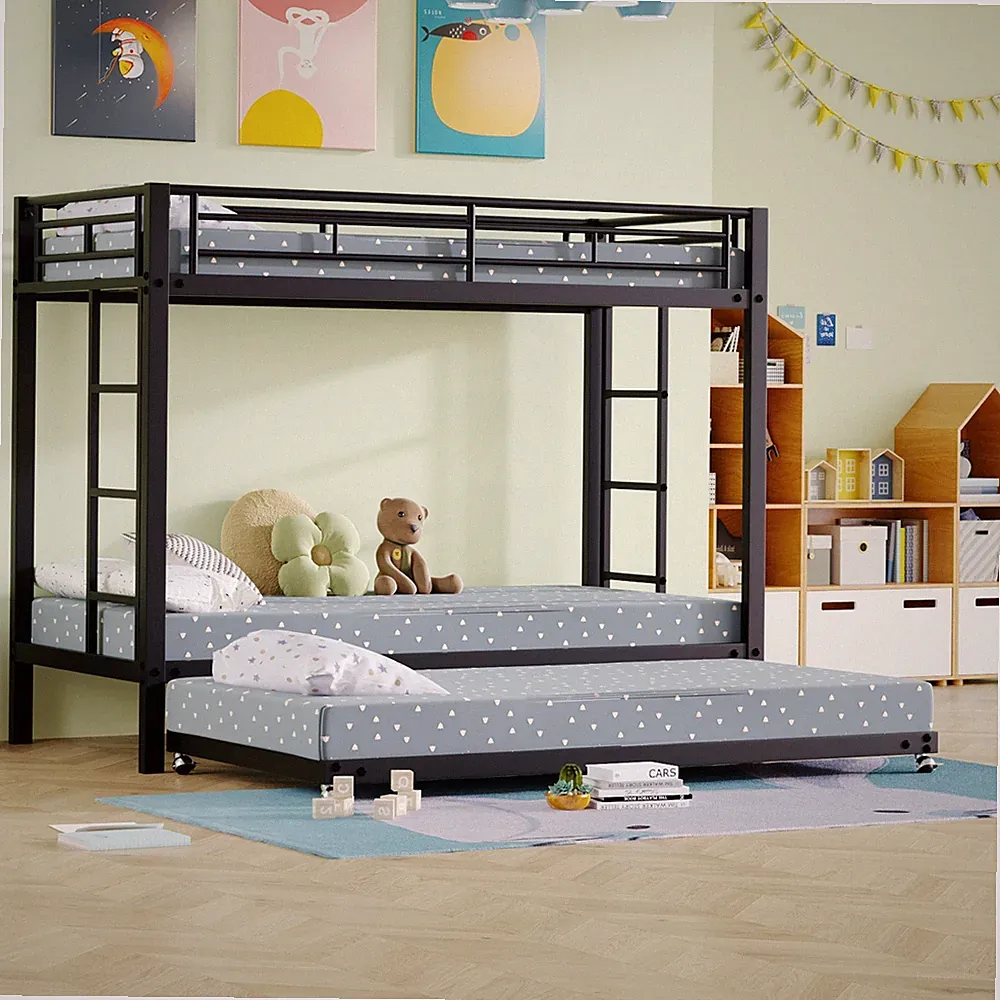 Metall Etagenbett 90x200 cm mit Ausziehbett Sicherheitsgeländer Schwarz