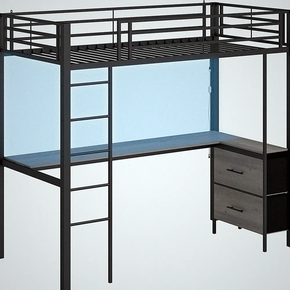 Metall Etagenbett mit Schreibtisch, Hochbett mit LED Licht und Schutzgeländer f