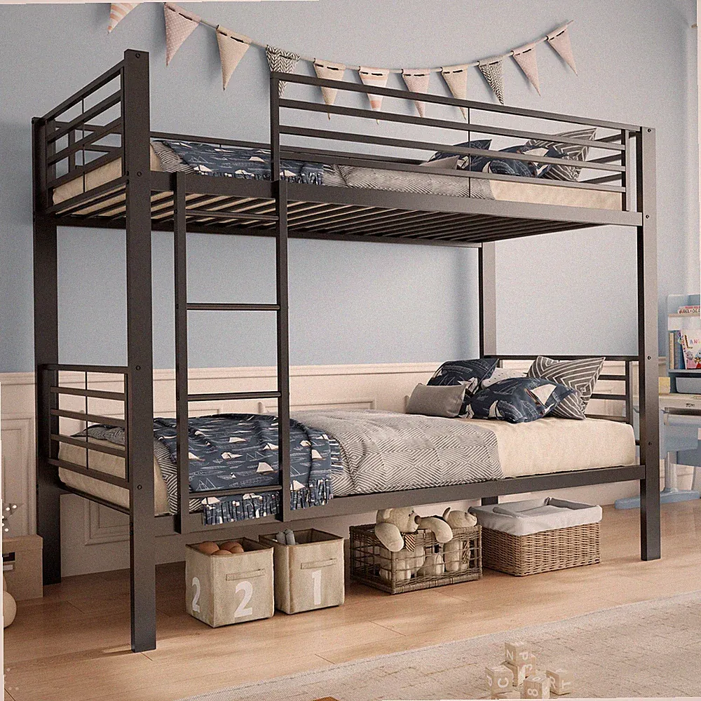 Metall Etagenbett Schwarz 204x95,5x160 cm Beidseitige Leiter Stauraum Robust
