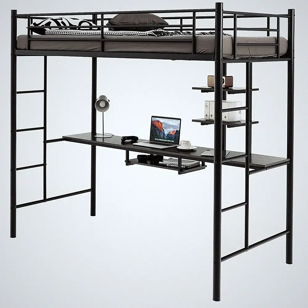 Metall Etagenbettgestell Hochbett mit Schreibtisch und Stauraumregalen - Schwarz