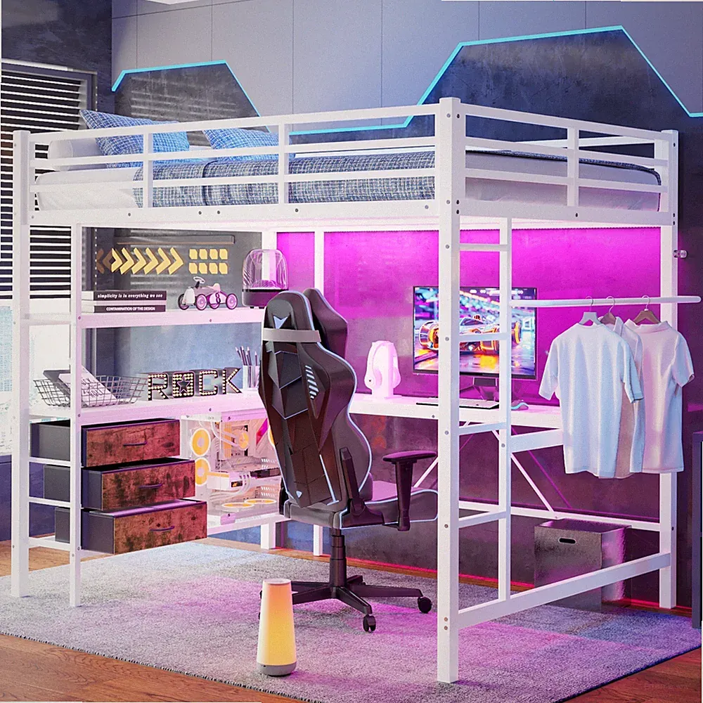 Metall Hochbett 140x200 cm mit Schreibtisch LED Stauraum USB Steckdose Weiß