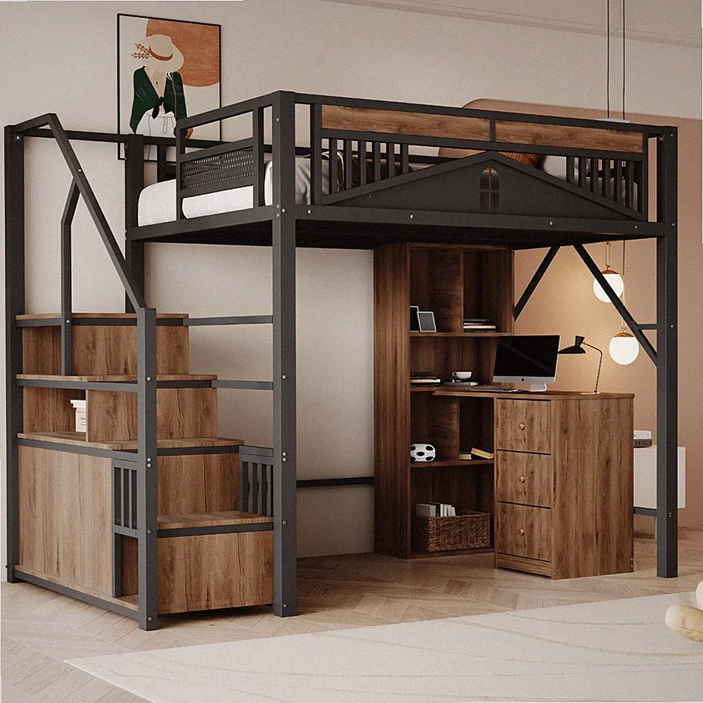 Metall-Hochbett 140x200 cm mit Stauraumtreppe Schrank Schwarz