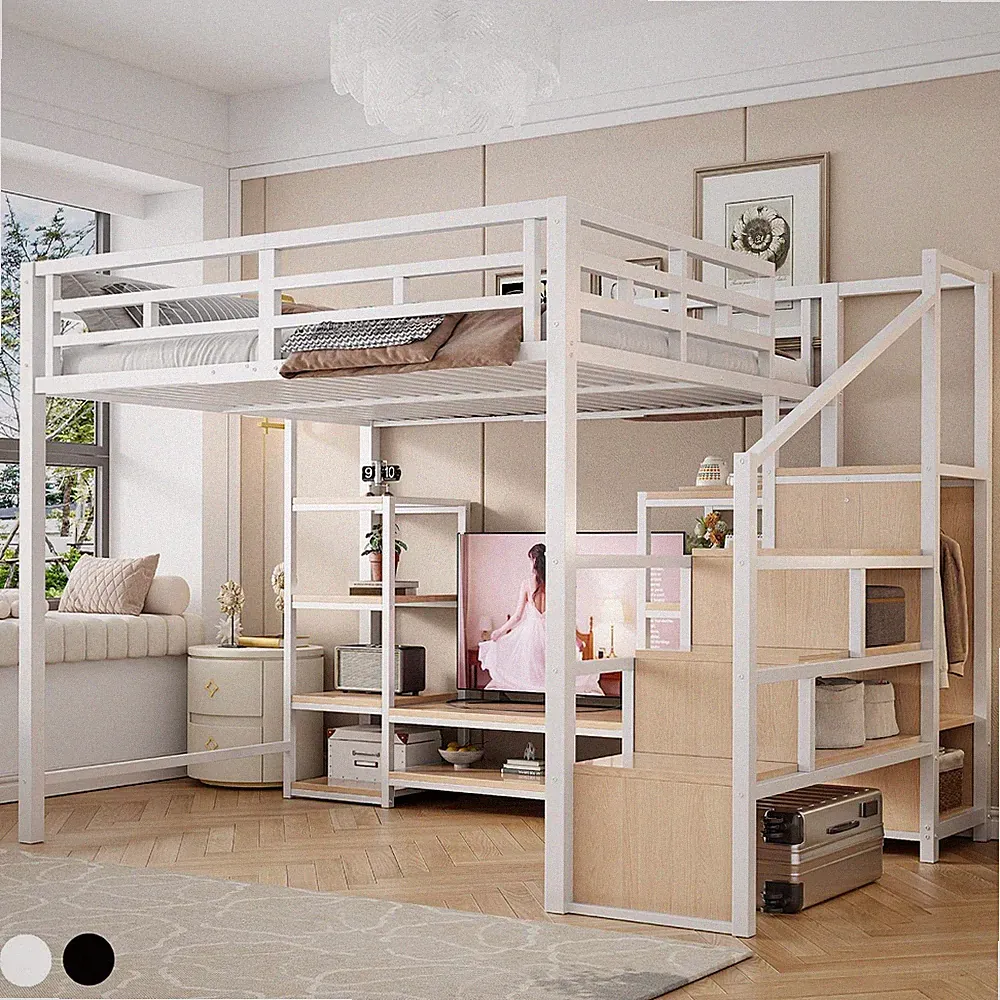 Metall Hochbett Kinder Etagenbett Bettgestelle Einzelbett mit TV-Ständer 140x200