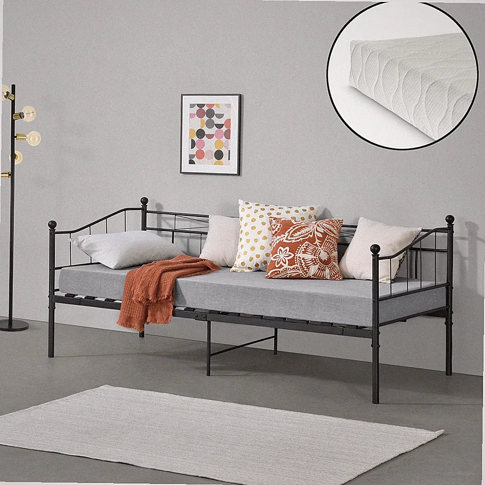 Metall Tagesbett + Matratze 90x200cm Schlafzimmerbett Einzelbett Bett Schwarz