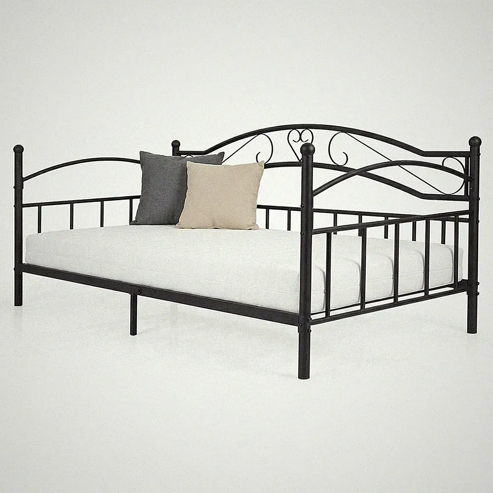 Metall Tagesbettgestell Schlafsofa mit klassischem Kopfteil Plattformbett Fundament - Schwarz