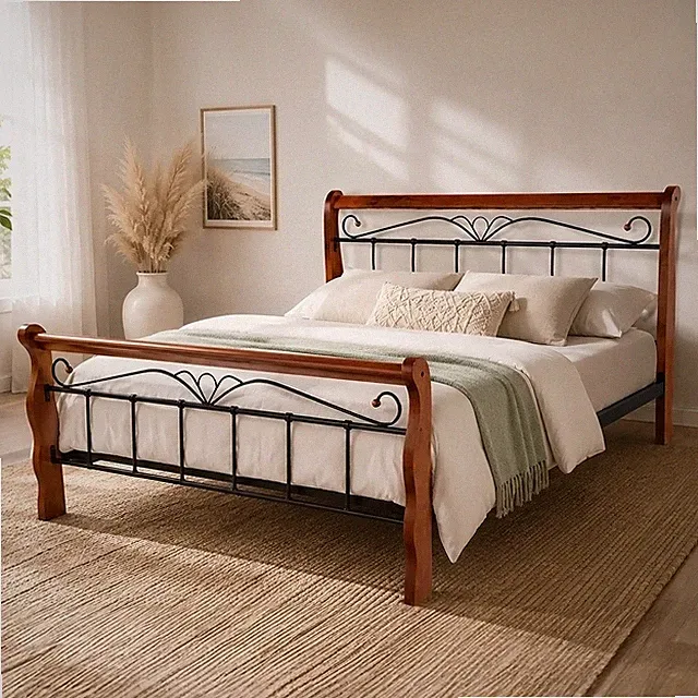 Metallbett 160x200 cm Doppelbett mit Lattenrost Holz Massiv Schwarz Homestyle4u