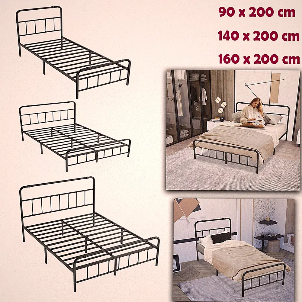 Metallbett 90/140/160cm Gästebett Bett Matratze Einzelbett Doppelbett mit Kopf #