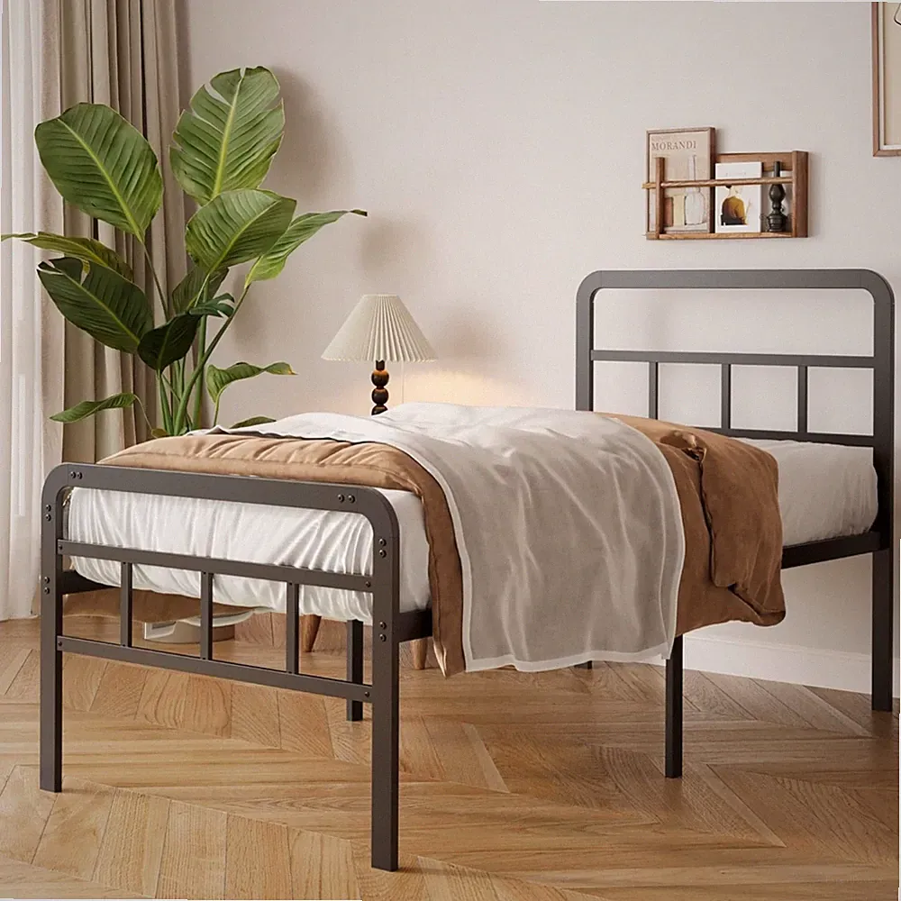 Metallbett 90x200 cm Schwarz Einzelbett Kopfteil Fußteil Modern Bettgestell
