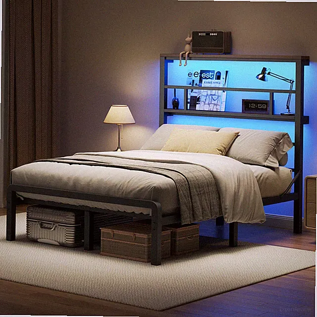 Metallrahmen Bettgestell 140x200cm Doppelbett mit Metall Lattenrost Stauraum LED