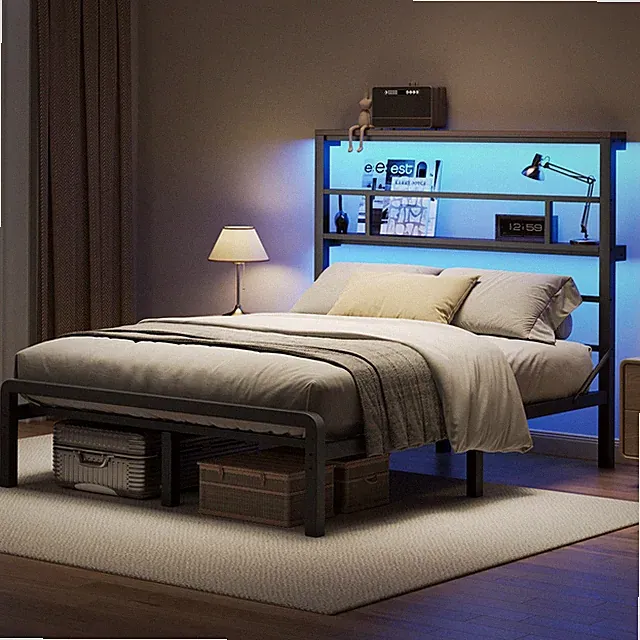 Metallrahmen Bettgestell 160x200cm Doppelbett mit Metall Lattenrost Stauraum LED