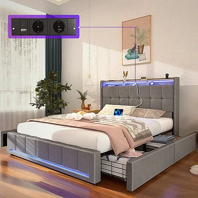 Modern Polsterbett Metall Doppelbett 160x200 cm mit 4 Schubladen - ohne Kzfctmsq