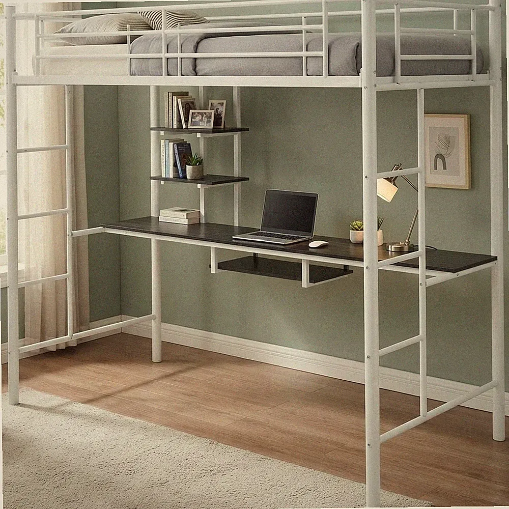 Modernes Hochbett mit Schreibtisch & Schutzgeländer - platzsparendes Design in weiß