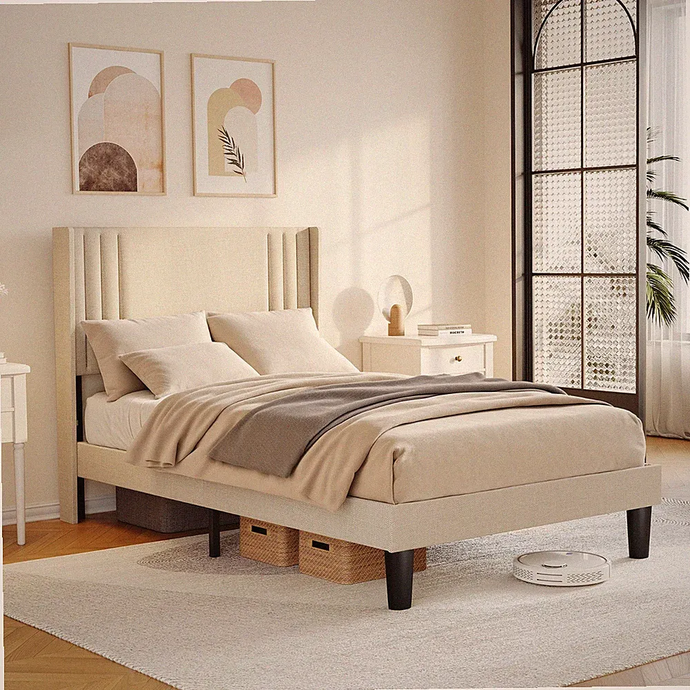 Modernes stabiles Bett 120x200 cm mit Lattenrost Doppelbett Massivholzbett Beige
