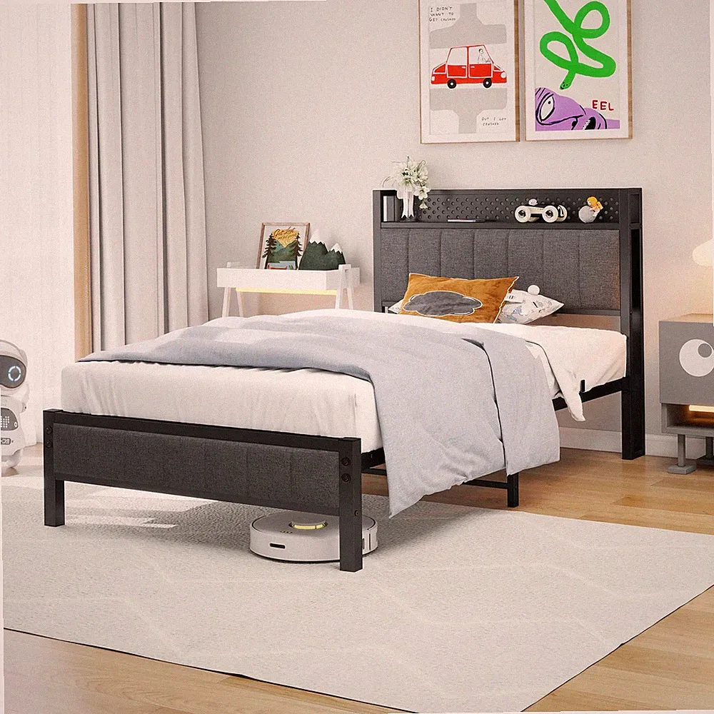 MOFLUT Einzelbettgestell mit Stauraum Kopfteil Regal, kein Boxspringbett nötig