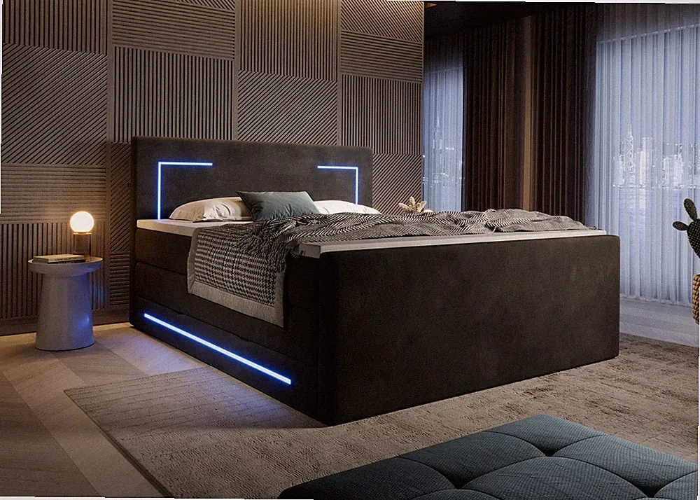 Monaco LED Boxspringbett mit Bettkasten 160x200 180x200 200x200 cm Samt Stauraum