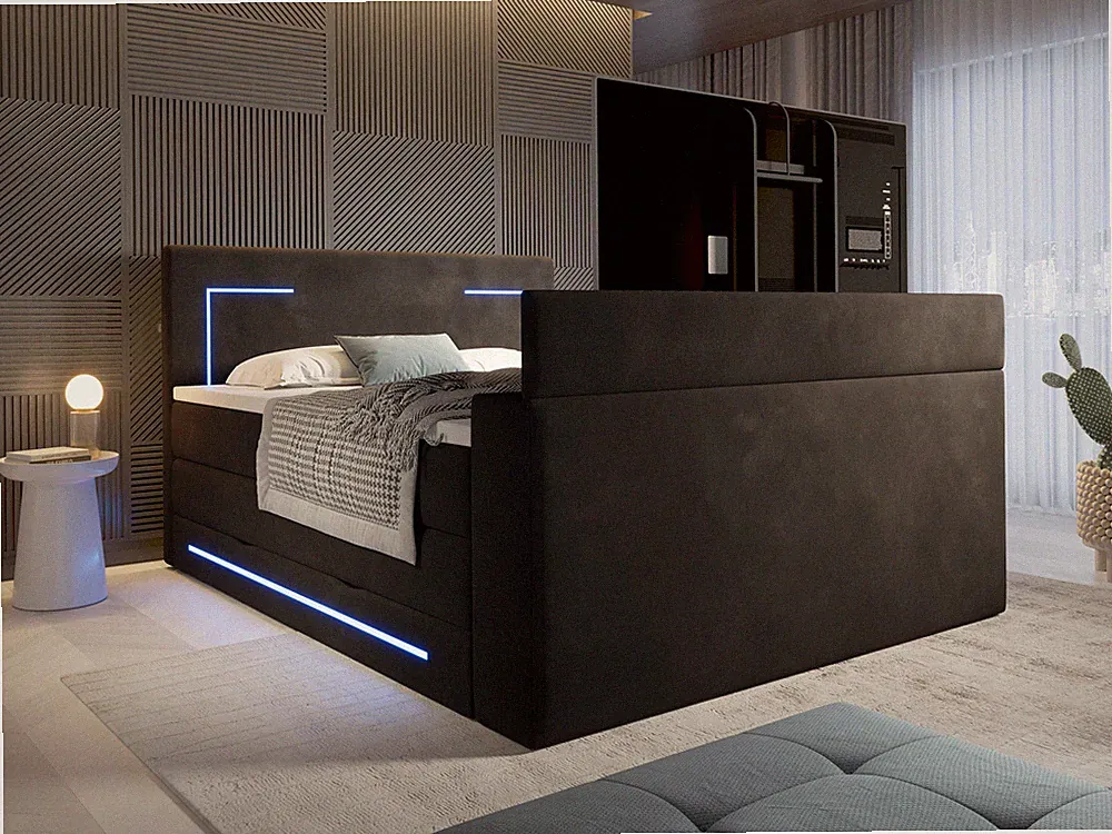 Monaco LED-Boxspringbett mit TV-Lift und Bettkasten 160x200 180x200 cm Samt
