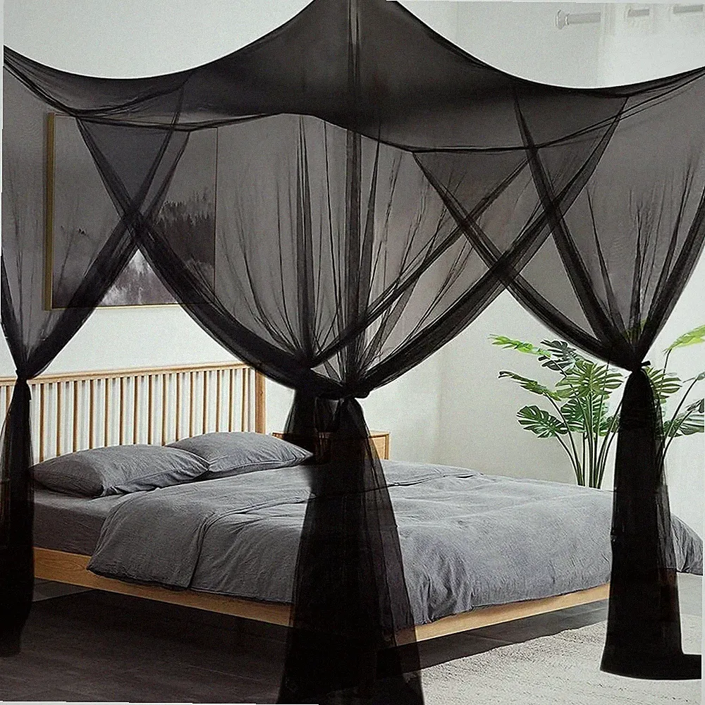 Moskitonetz mit 4 Eckpfosten, Betthimmel für Einzelbett, Polyester, Schwarz