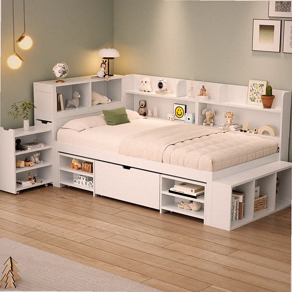 Multifunktionales Kinderbett mit Schubladen, Bücherregal und Stauschrank.