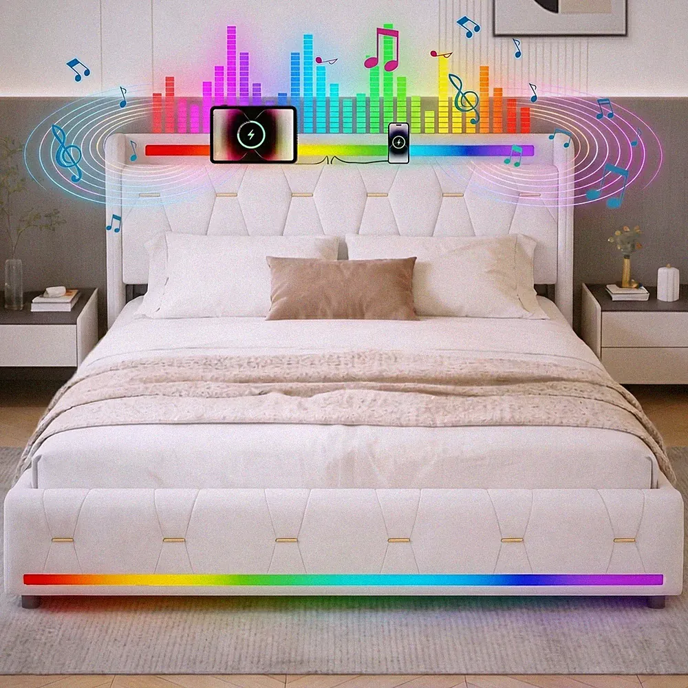 Musik-Takt Bett Velours 140/160×200cm Bluetooth USB LED Stauraum Schwarz Beige