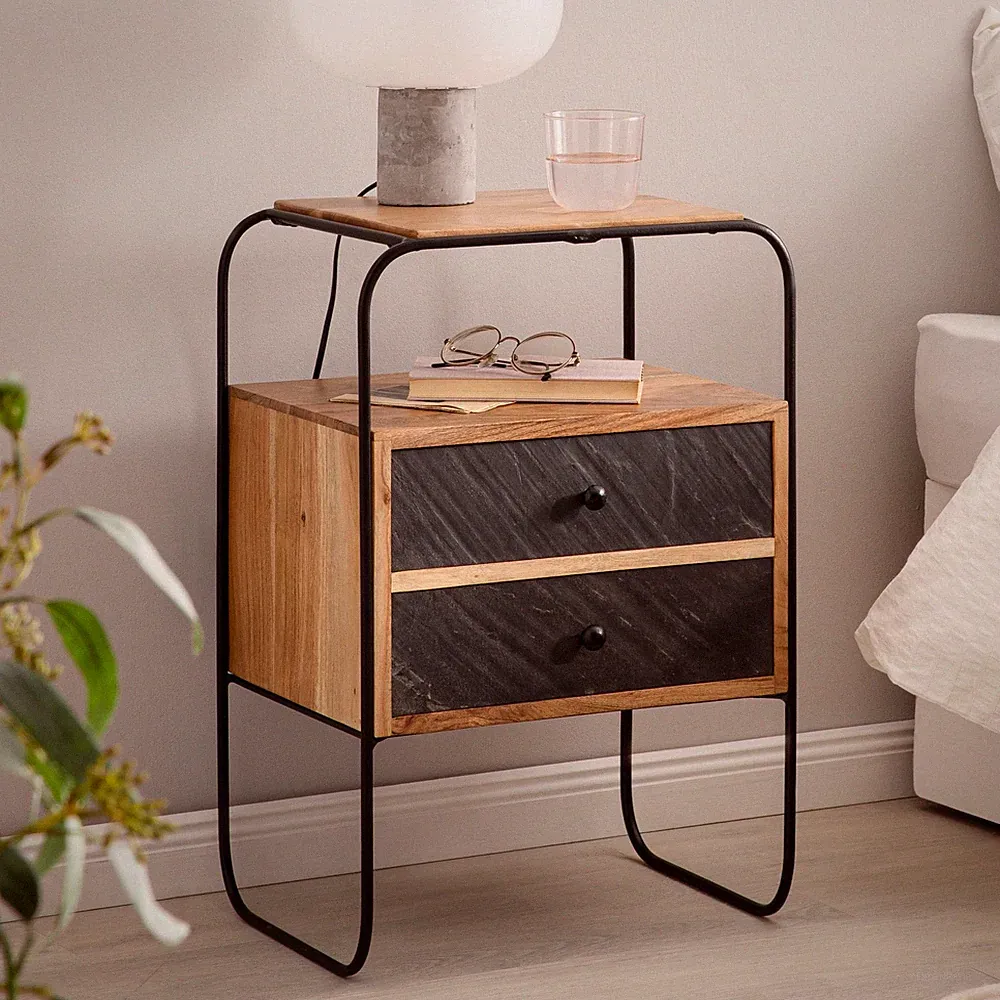Nachttisch FineBuy Nachtkommode Boxspringbett Massivholz Steinoptik 40x60x30 cm