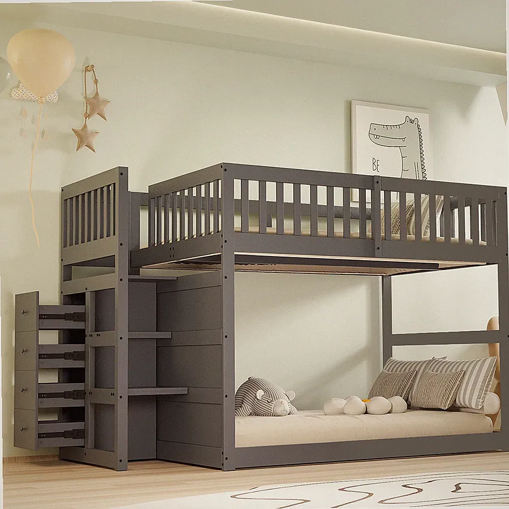 Niedriges Etagenbett 140x200 cm Sicherheitsbett mit Staufach grau