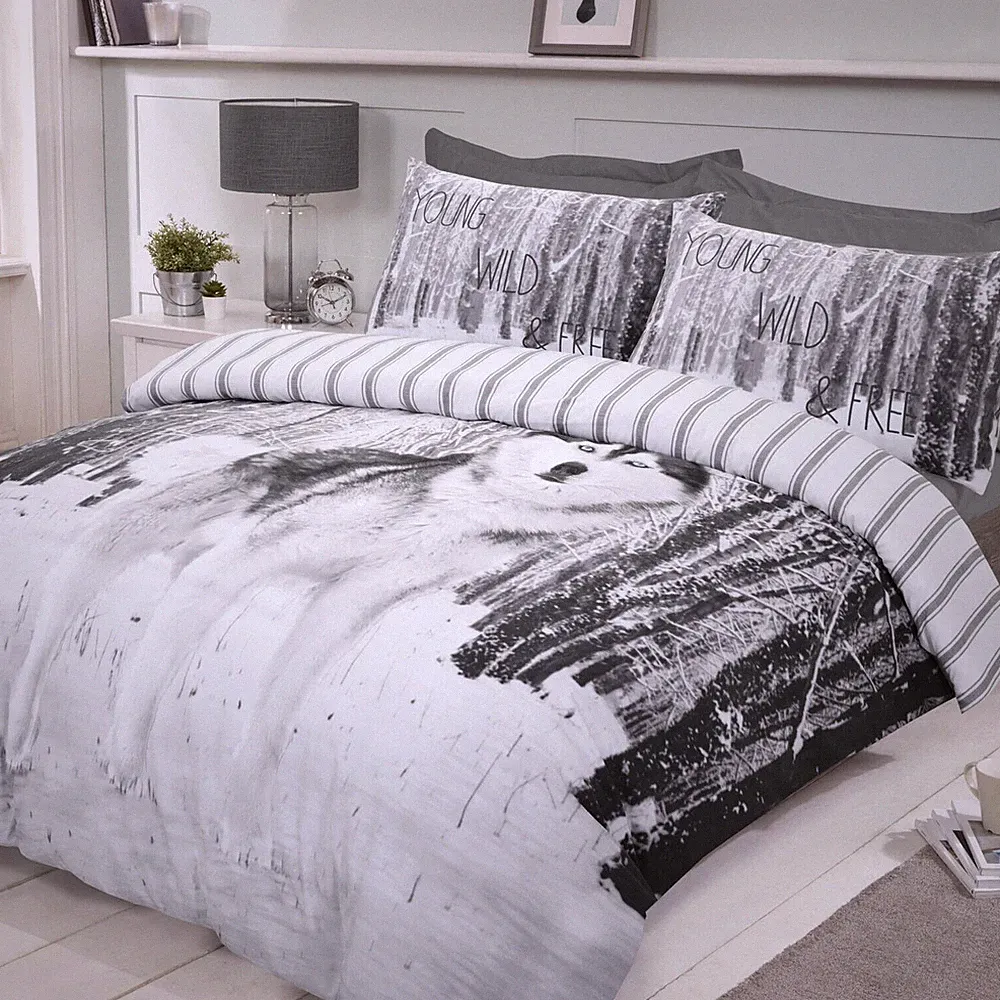 NightComfort 3D Wolf Schnee Wald Wende Bettbezug Set mit Kissenbezügen