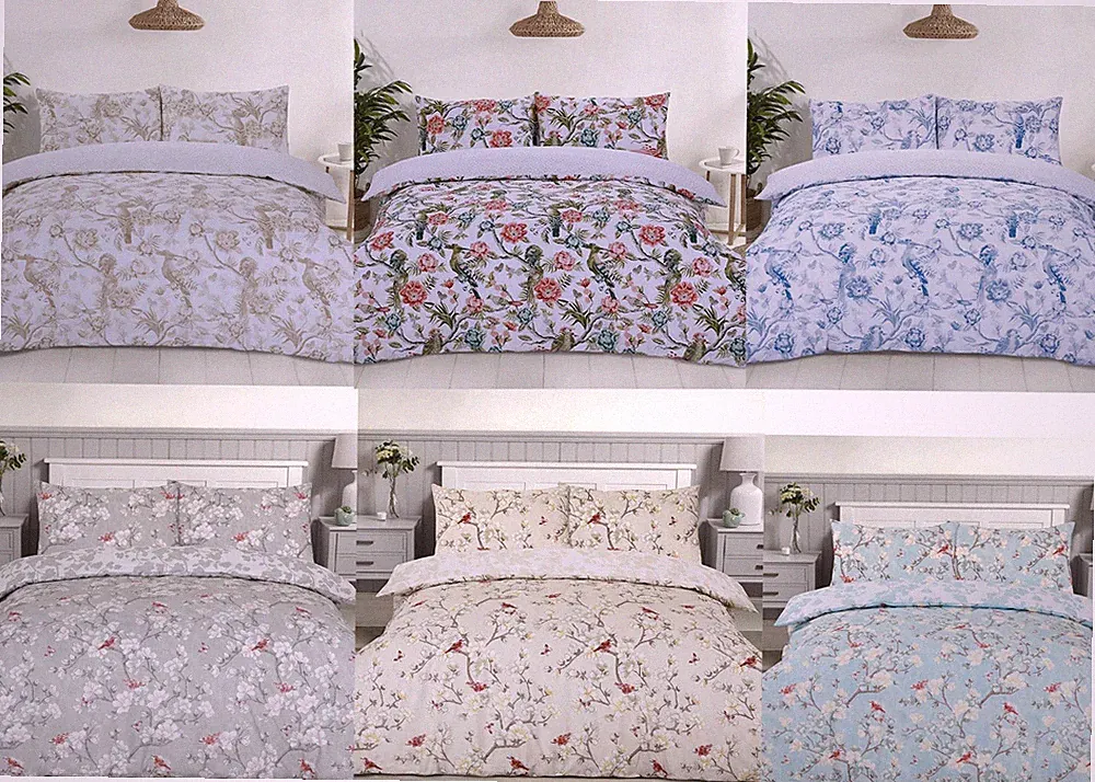 NightComfort Polycotton Wende-Chinoiserie Vögel Bettbezug mit Kissenbezug