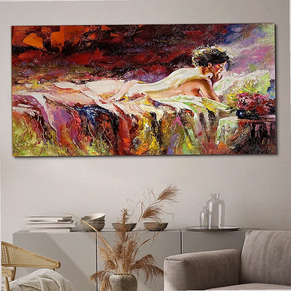 Ölgemälde Bett nackte Frauen Blumen 140x70 Canvas Wandbild Leinwand Bilder
