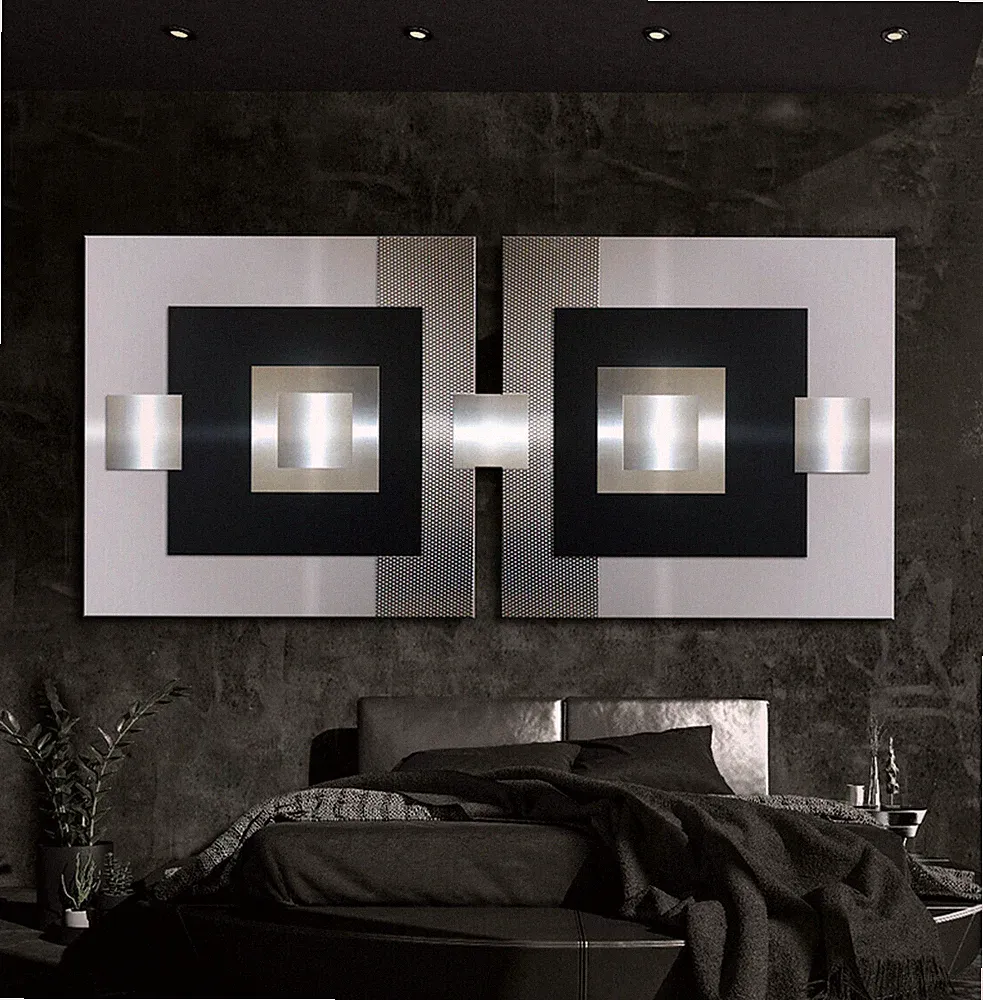 ORIGINAL METALL BILD Modern Kunst Wandbild über Sofa Couch Bett Schwarz Grau XXL