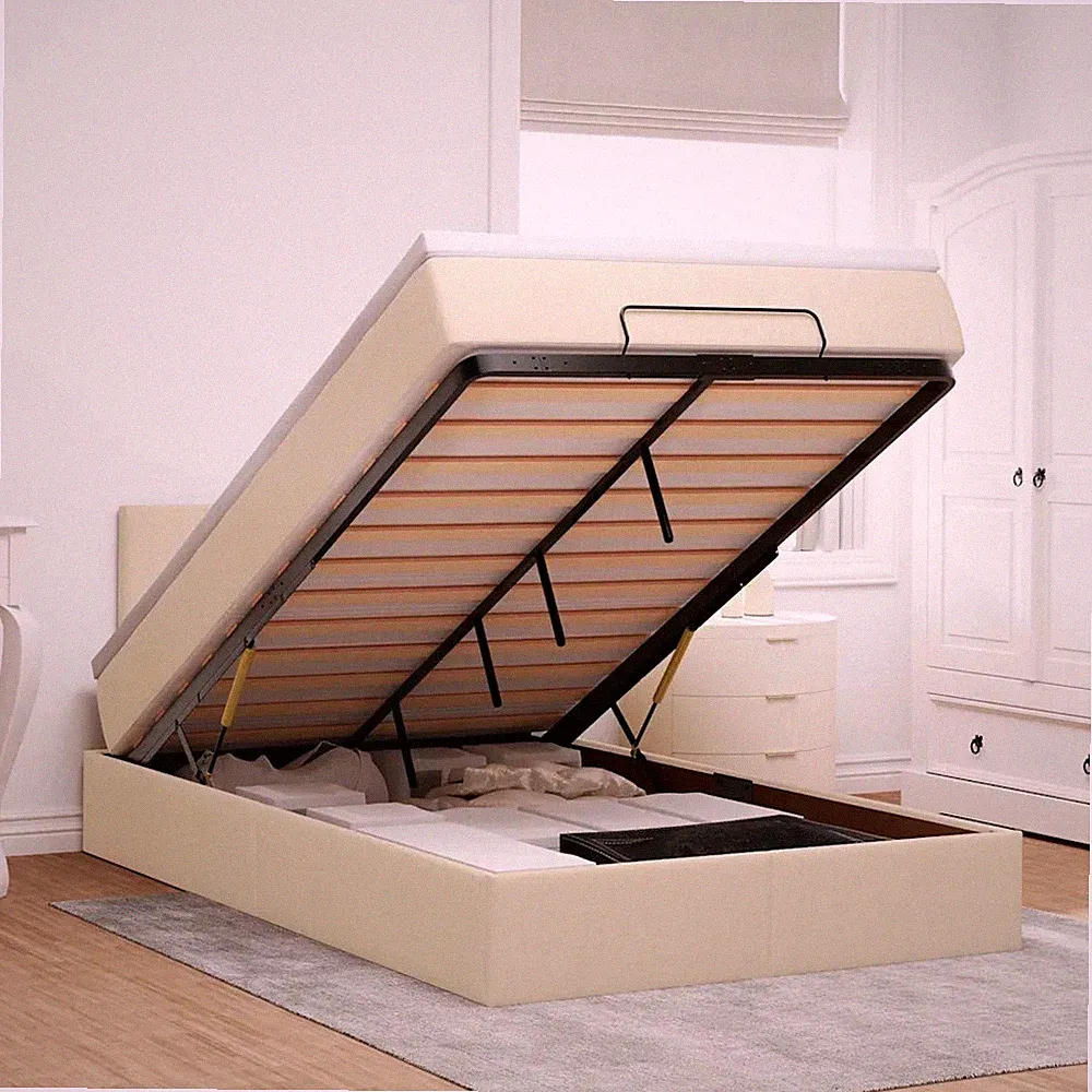 Ottomane Bett mit Matratze und LED Beleuchtung Creme 120x190 cm Stoff