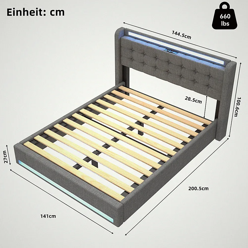 OYAJIA Hydraulisch Stauraumbett, Polsterbett Doppelbett mit USB-Ladefunktion