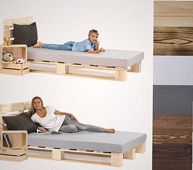Palettenbett aus Holz Massivholzbett mit Kopfteil verschiedene Farben