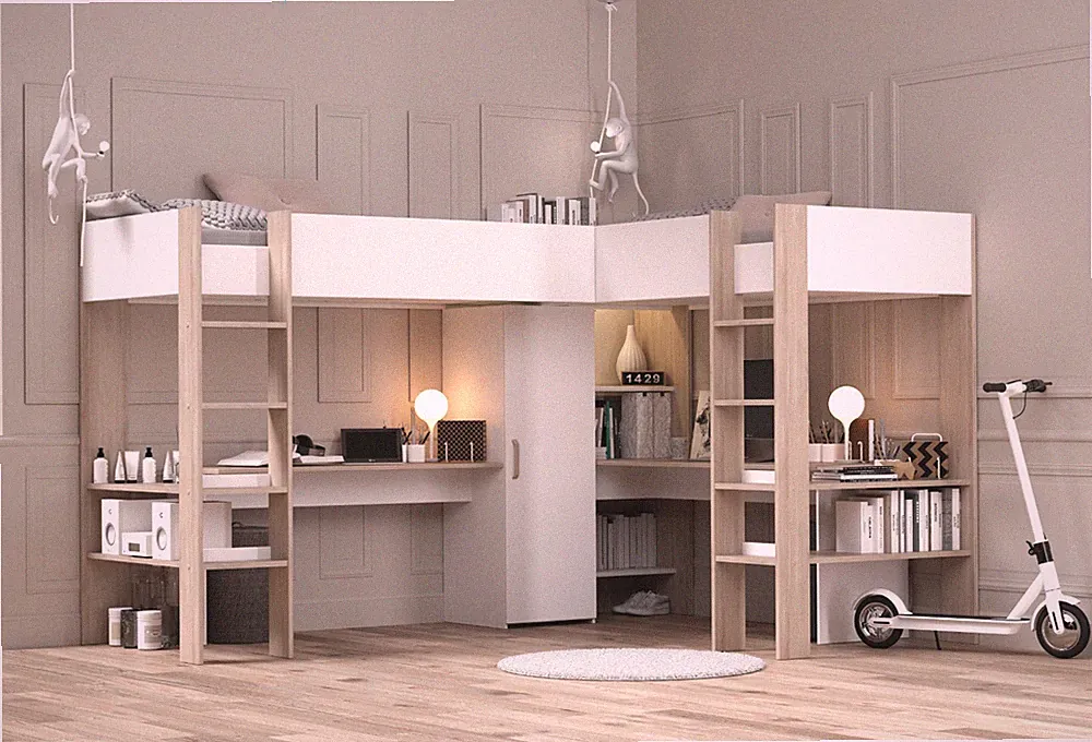 Parisot Alex Hochbett für 2 Kinder 2x Schreibtisch Schrank Eck-Hochbett