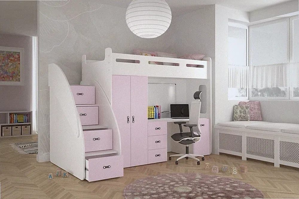 PATI Hochglanz Hochbett mit Schreibtisch, Schrank und Regal in der Treppe weiß