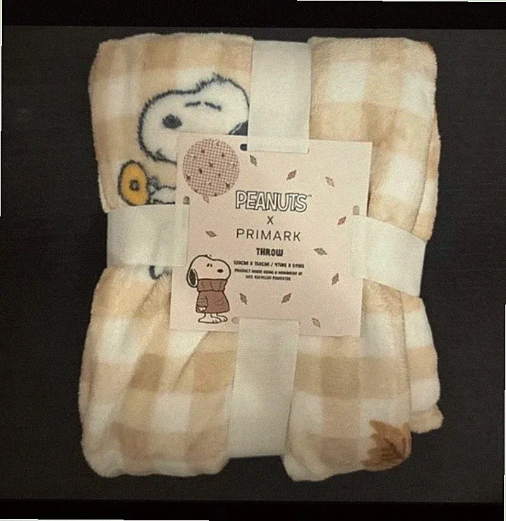 Peanuts x Primark Snoopy Fleece Überwurf Decke beige kariert weich Neu mit Etikett