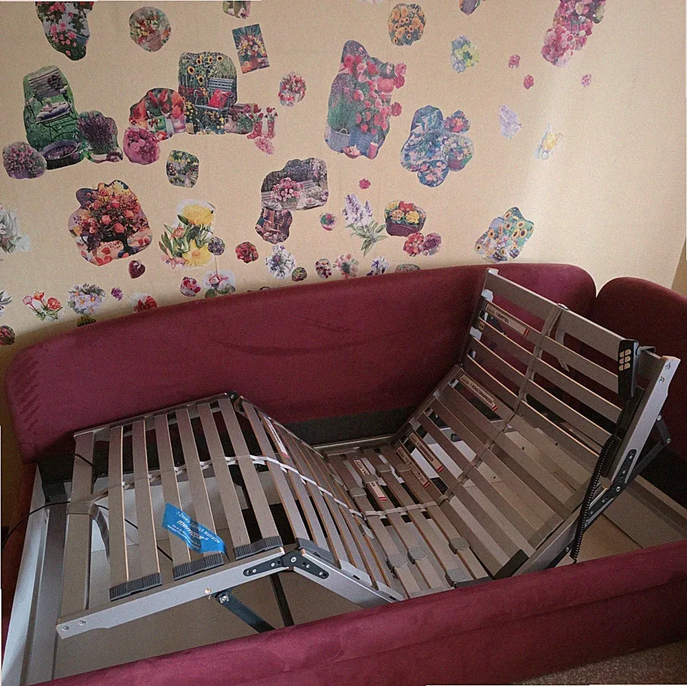 Pflegebett mit Motor und Lattenrost Stoffbett Weinrot Sofa Couch Schlafsofa