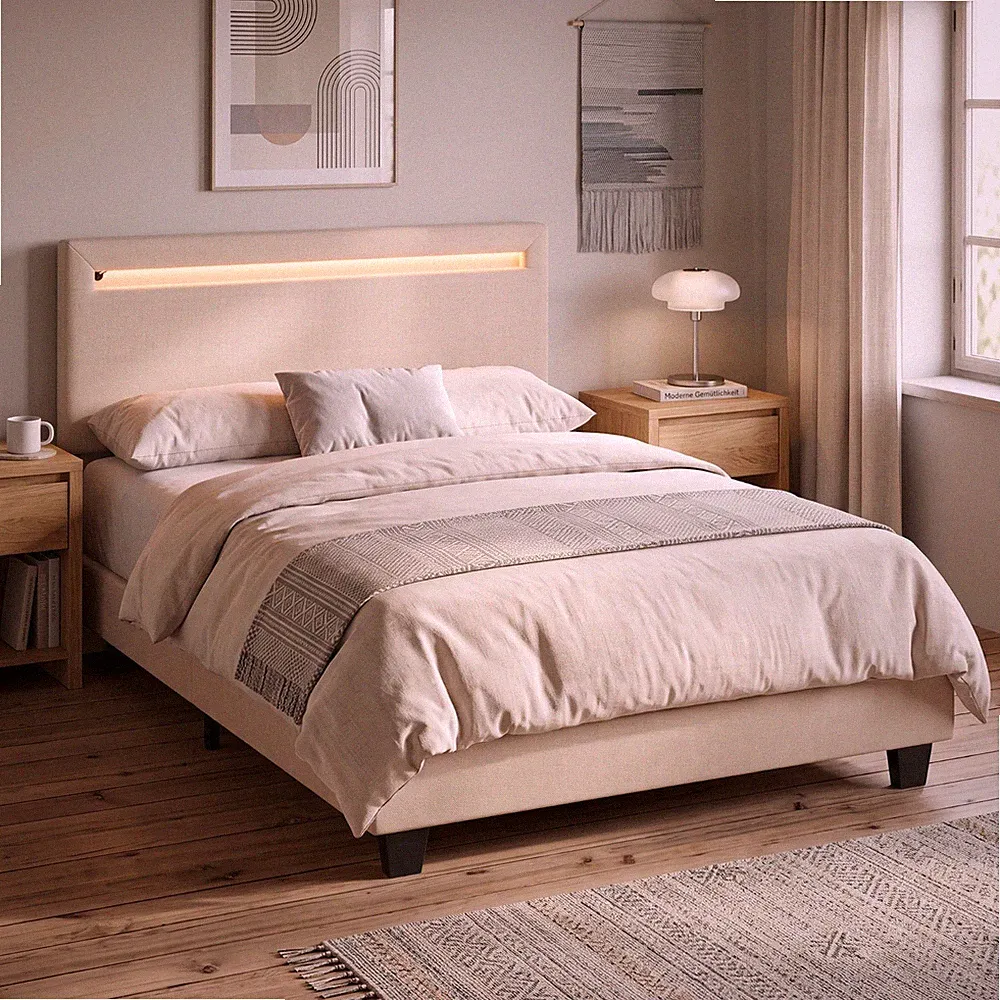 Polsterbett 120 x 200 cm Doppelbett mit LED & USB Gestellbett Beige