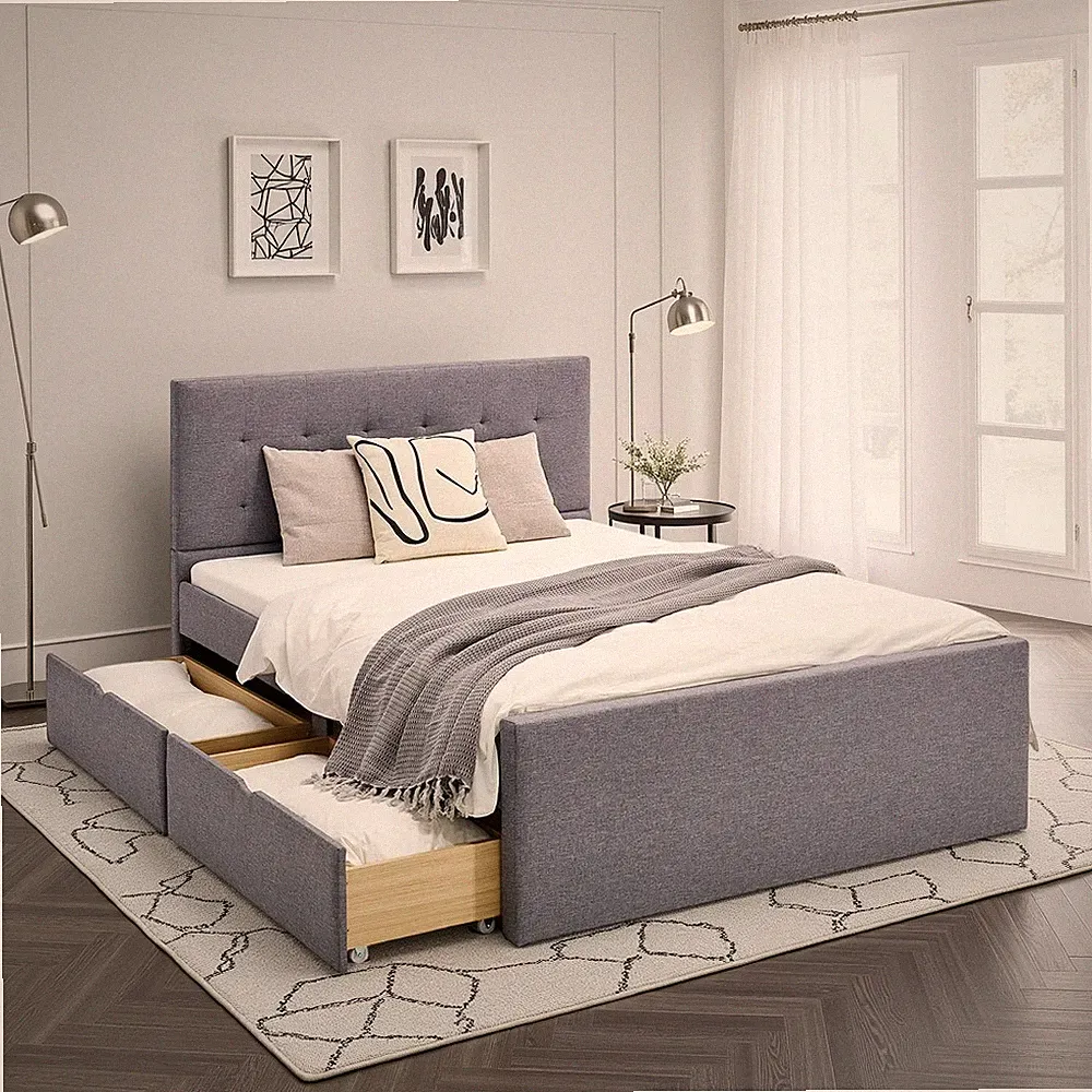 Polsterbett 120x200 cm mit Stauraum 2 Schubkästen Grau Lattenrost – Homestyle4u