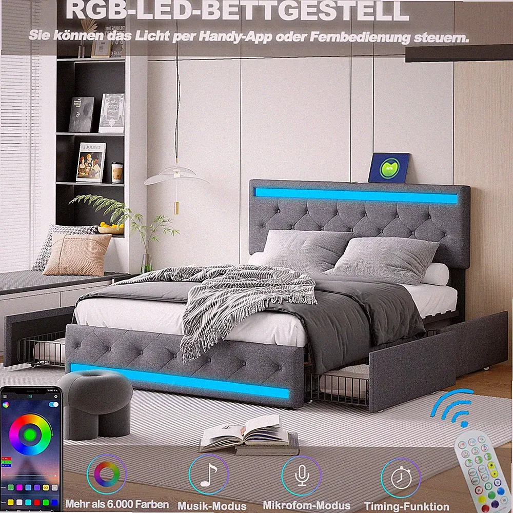 Polsterbett 140/160/180x200cm Doppelbett Bettgestell LED USB Bett mit Lattenrost