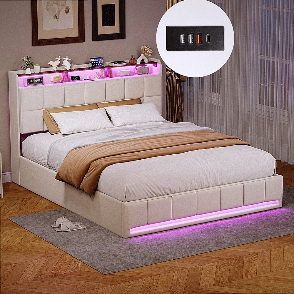 Polsterbett 140/160x200 Doppelbett Jugendbett LED Bettgestell mit USB Lattenrost
