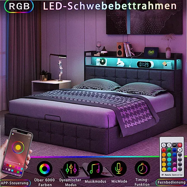 Polsterbett 140×200 Doppelbett Bettgestell Stauraumbett mit Lattenrost LED & USB