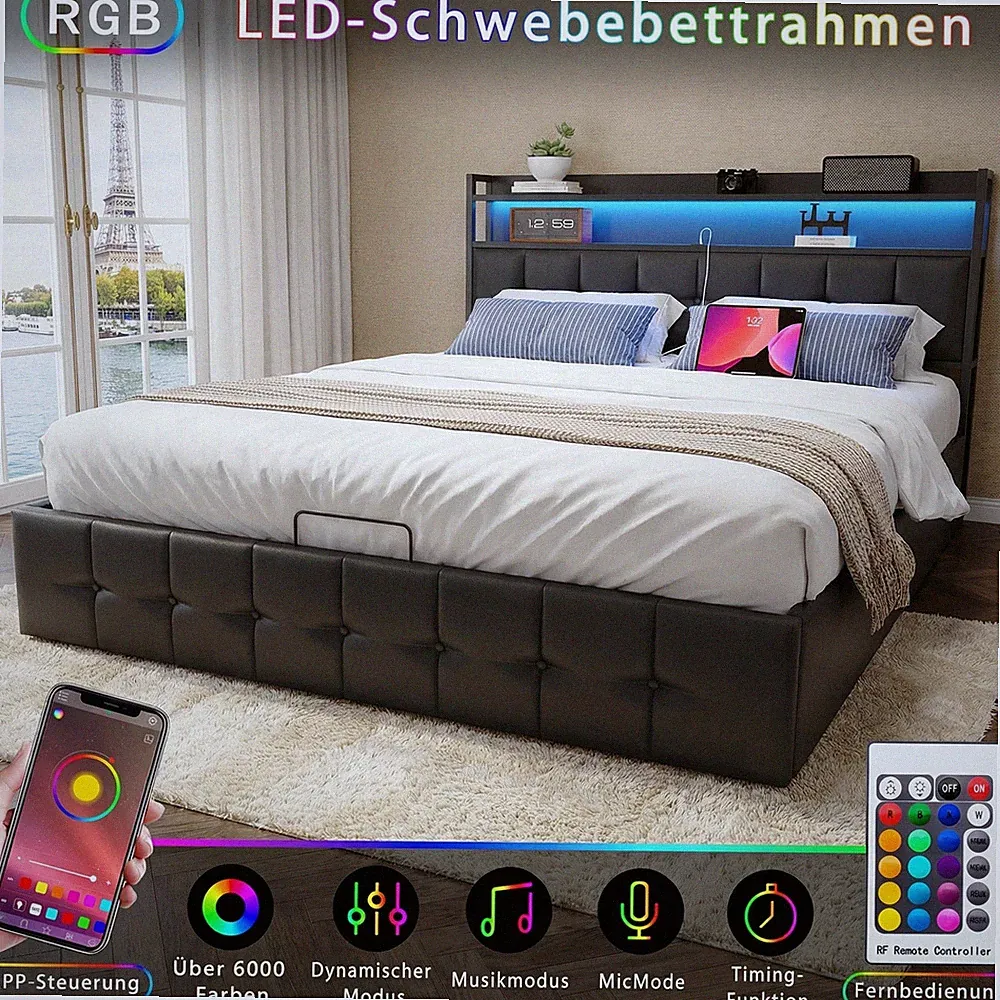 Polsterbett 140×200cm Doppelbett Bettgestell Stauraumbett mit USB&LED Lattenrost