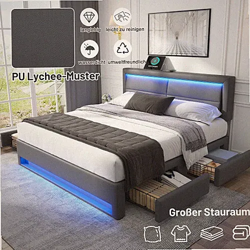 Polsterbett 140 x 190 cm mit USB-Anschluss, mit LED-Beleuchtung und vier Schubla