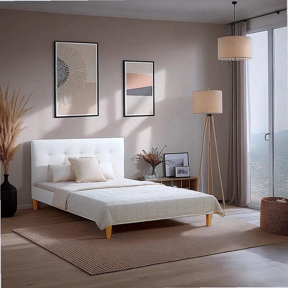 Polsterbett 140 x 200 Beige Bouclé Doppelbett Bettgestell Lattenrost Homestyle4u