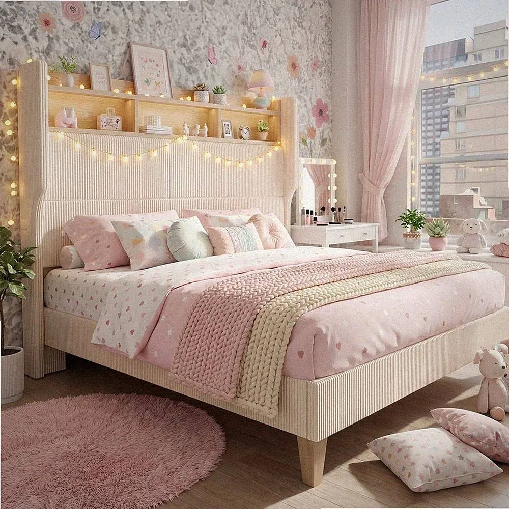 Polsterbett 140 x 200 cm Doppelbett mit Stauraum Lattenrost LED USB Bettgestell