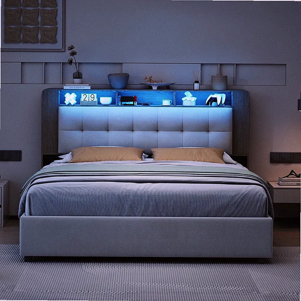 Polsterbett 140 x 200 cm mit LED&USB Ladestation Stauraum Lattenrost Doppelbett
