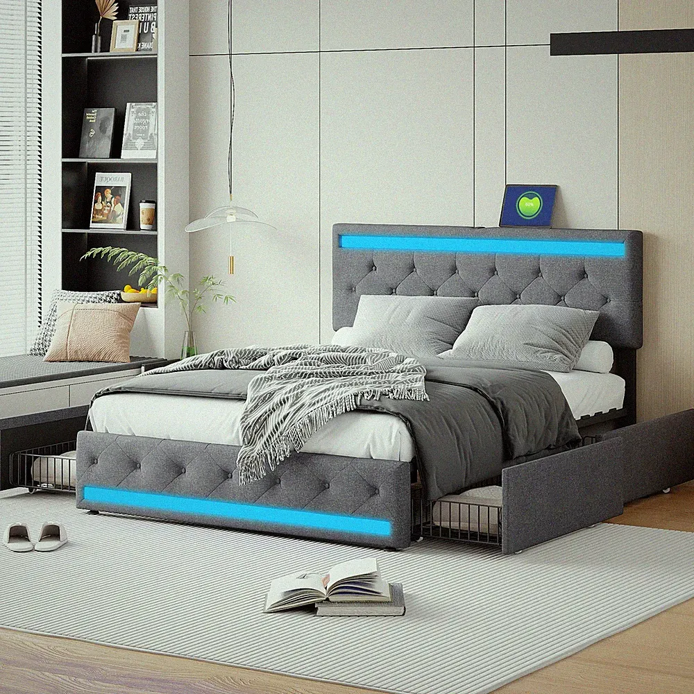 Polsterbett 140 x 200 Doppelbett Stauraumbett Bettgestell mit USB LED Schubladen