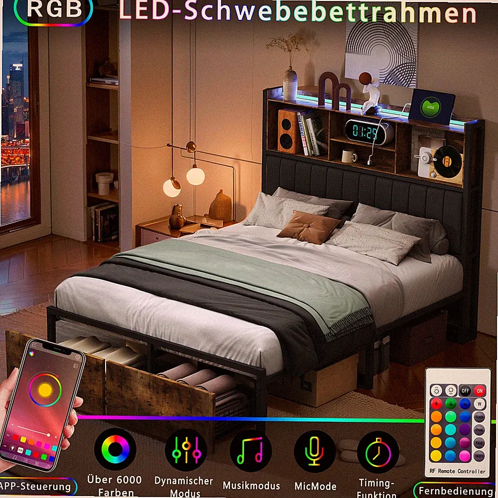 Polsterbett 140 x 200 Doppelbett Stauraumbett Lattenrost mit Bettgestell USB/LED