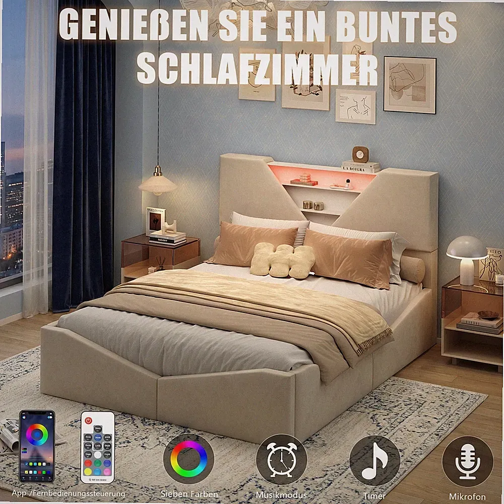 Polsterbett 140x190 cm Doppelbett Stauraumbett Bettrahmen mit Lattenrost und LED