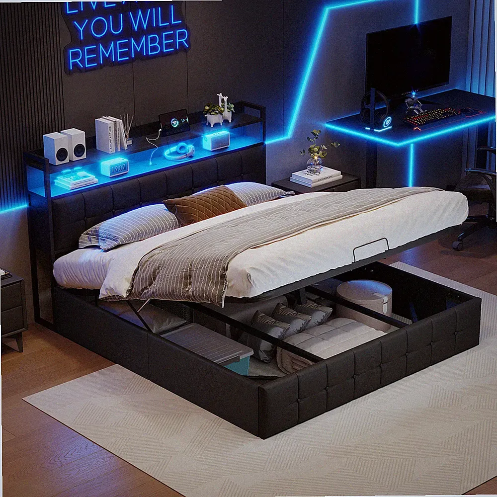 Polsterbett 140x190 cm Mit LED,USB Stauraum Lattenrost Boxspringbett Doppelbett